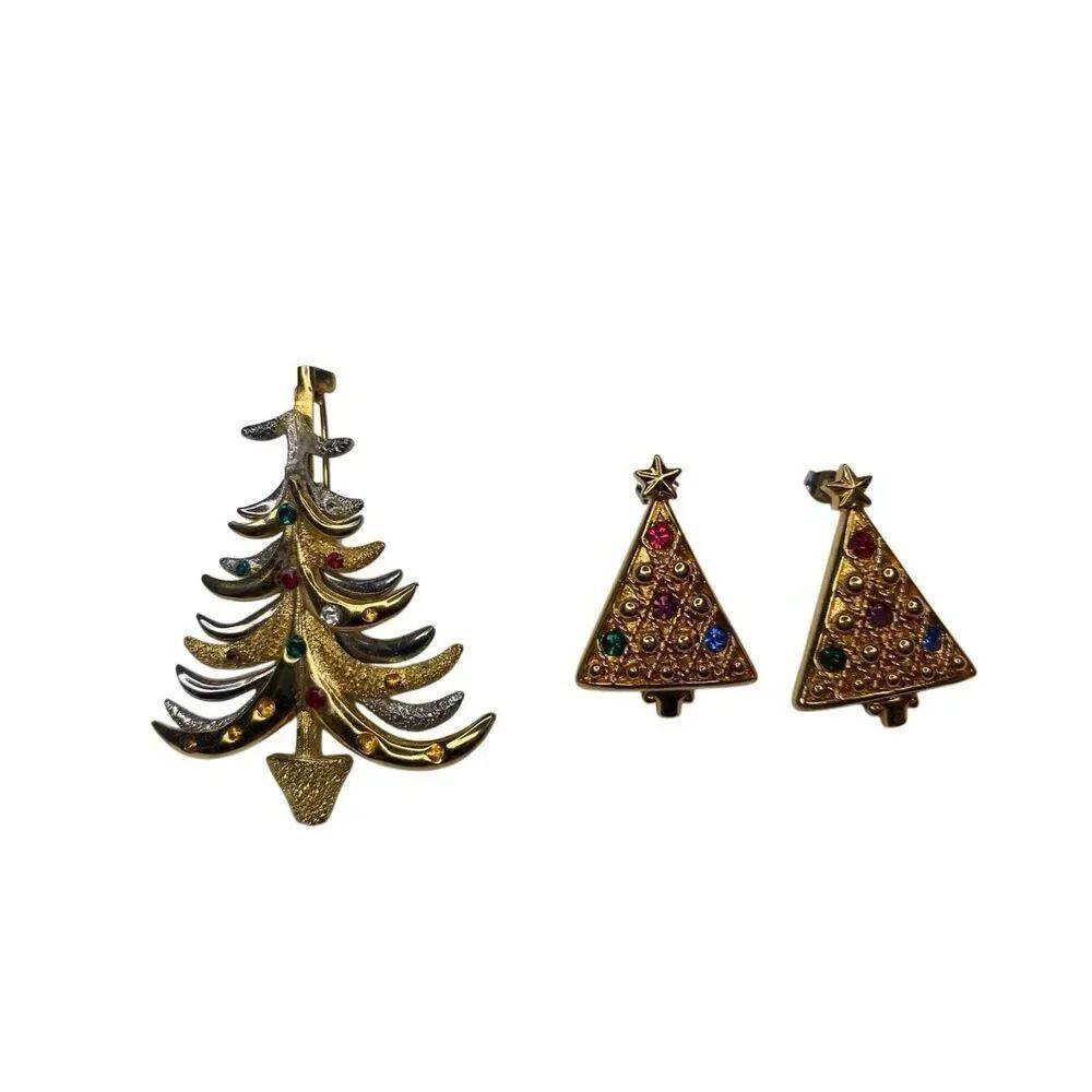 Christmas Tree Brooch Earrings Set Gold Rhinestone Holiday Vintage Jewelry Lot